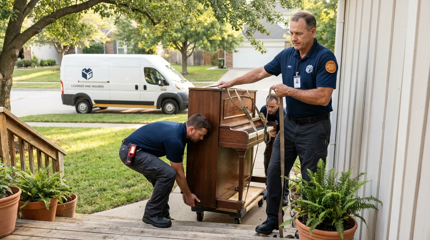 Licensed piano movers securing grand piano in Paducah, KY